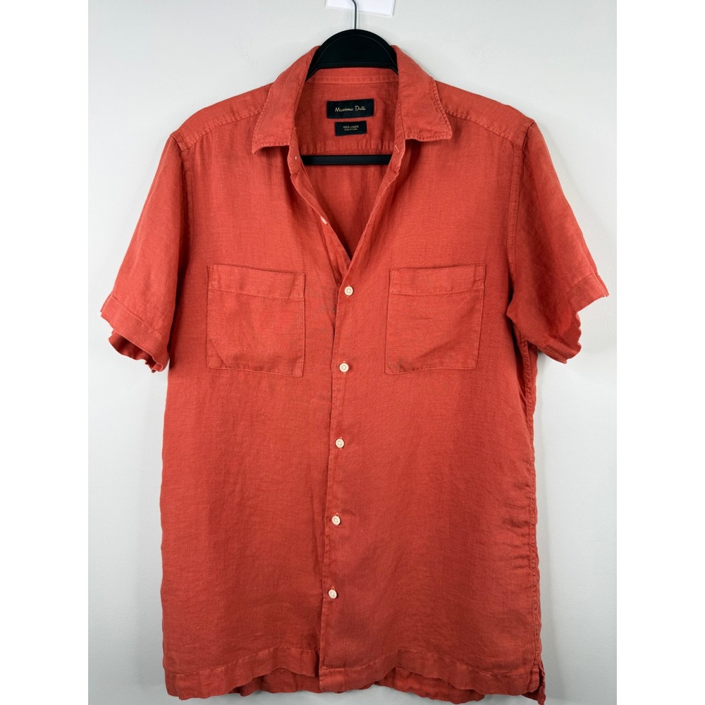 Massimo Dutti Mens Burnt Orange 100% Linen Short Sleeve Button Down Shirt Size S